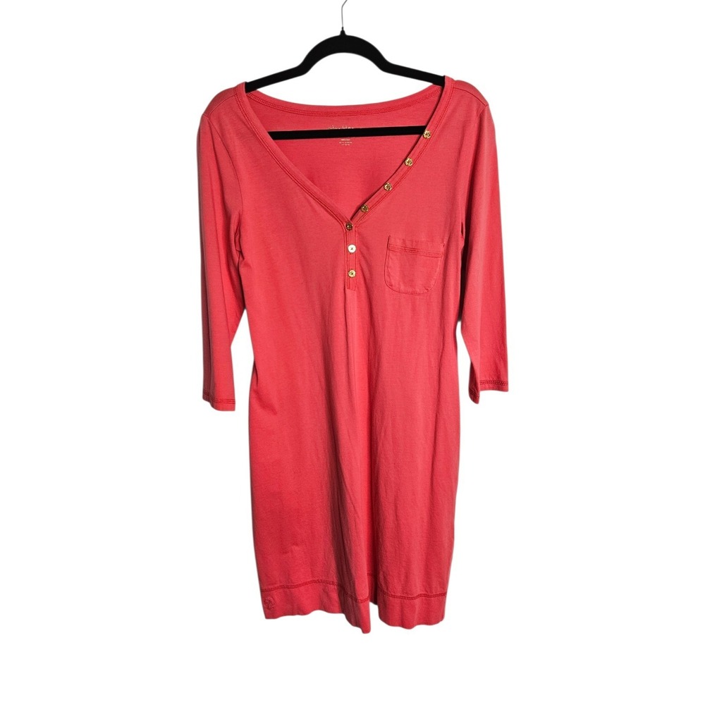 Lilly Pulitzer Palmetto Dress Island Coral size M Gold Button V Neck Pima Cotton